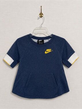 Nike Girls Short Sleeve Sweatshirt Top Navy Blue Yellow Logo Size M